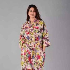 Indian Peach Bird Printed Cotton Robe Long Kimono Sleepwear Night Suit Kimono
