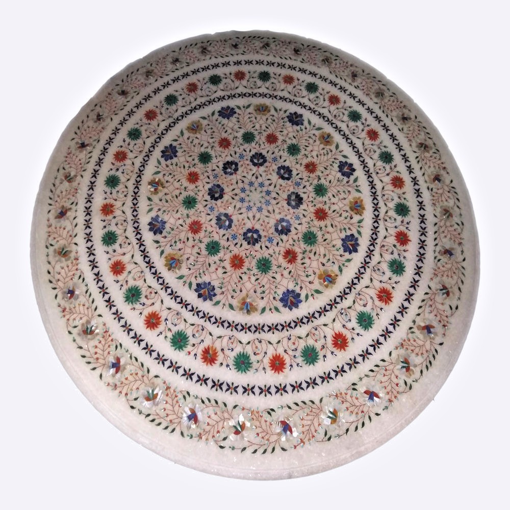 48-inch white marble table top with handcrafted precious stone inlay art