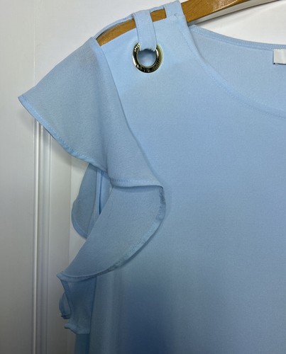 NINE WEST Light Blue Women Blouse Size XL Gold Ring Open Shoulder Flutter Sleeve - Picture 5 of 14