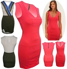 Womens new ribbed v neck summer Bodycon Sleeveless Stretch neon pink Party Dress