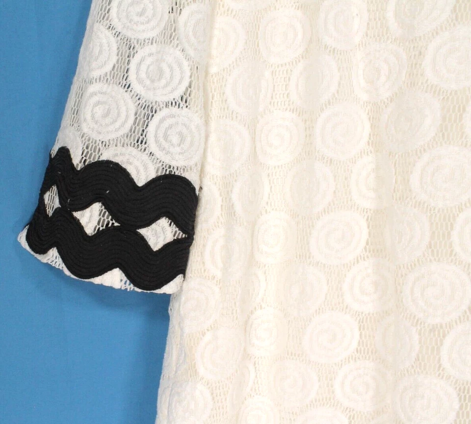 VESTIDO PHOEBE COUTURE Blanco Forrado ENCAJE ESPIRAL Negro Ric-Rac SHIFT LÍNEA A Talla 8 Foto 3 de 4