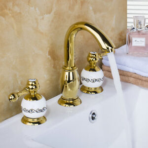 Bathroom Faucet 3 Holes Double Handles Ceramic Gold Plated Brass