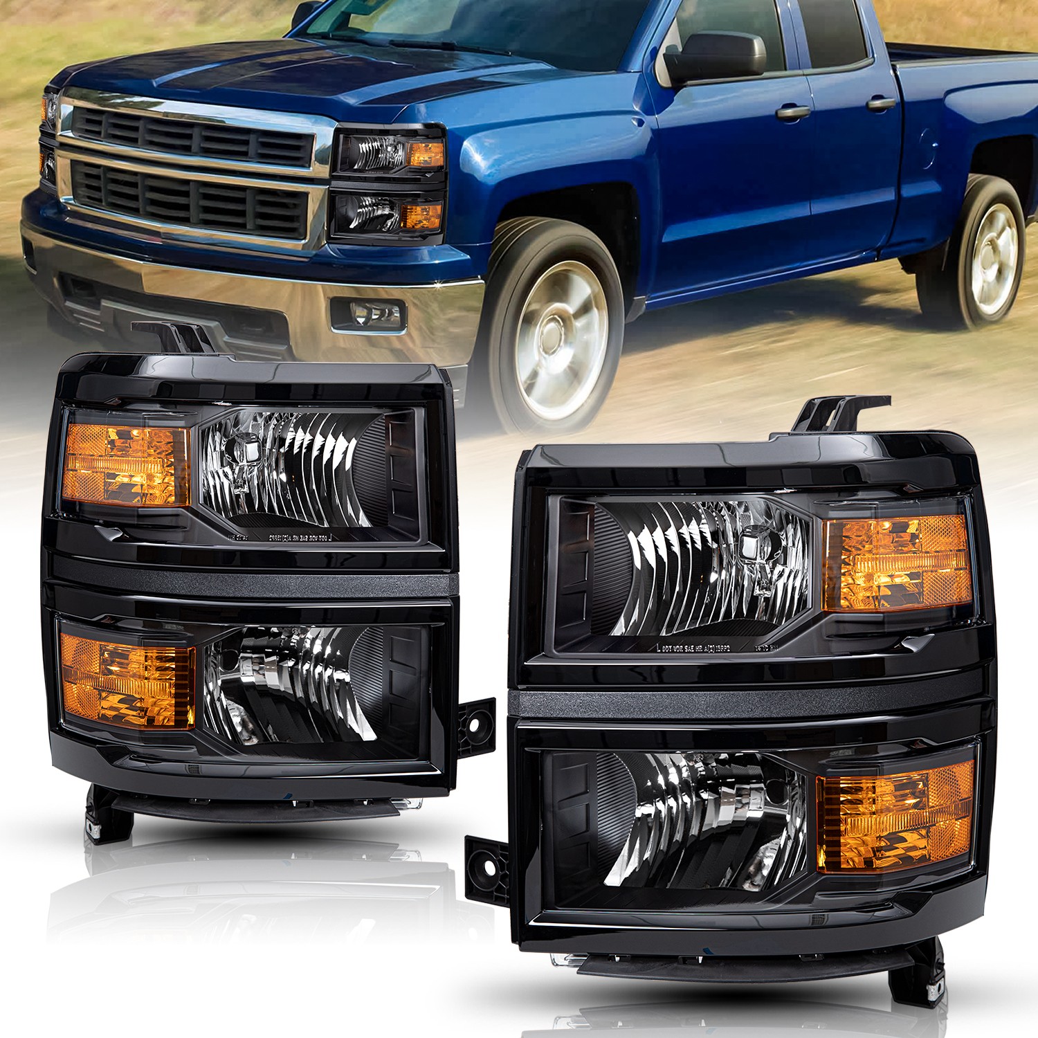 For 2014-2015 Chevy Silverado 1500 Black Headlights Headlamps Left+Right Sets