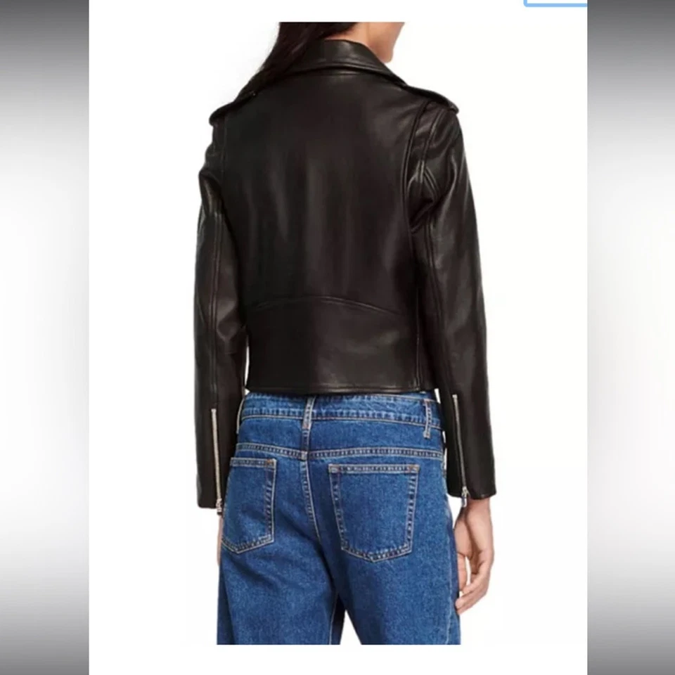 Chaqueta de cuero recortada Sandro Paris negra clásica moto revolve diseñador primavera Foto 4 de 4