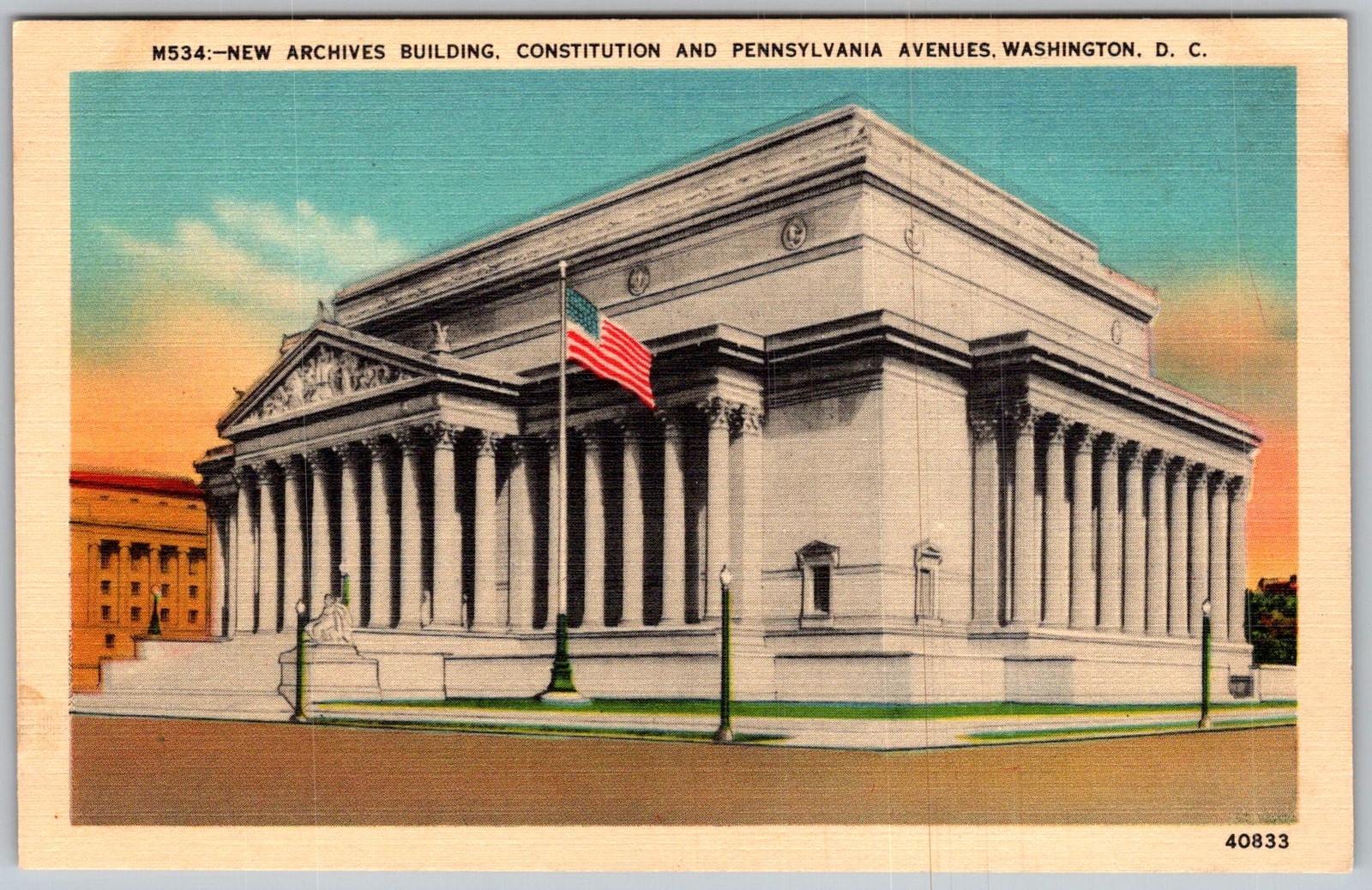 Vtg Linen Postcard National Archives Building Washington, DC 1930s