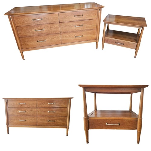 1958 Drexel Mid Century Modern Dresser and Nightstand Tapered Legs Brass Handles