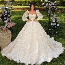 Royal Wedding Dress Strapless Detachable Puff Sleeve Lace Appliques Bridal Gown