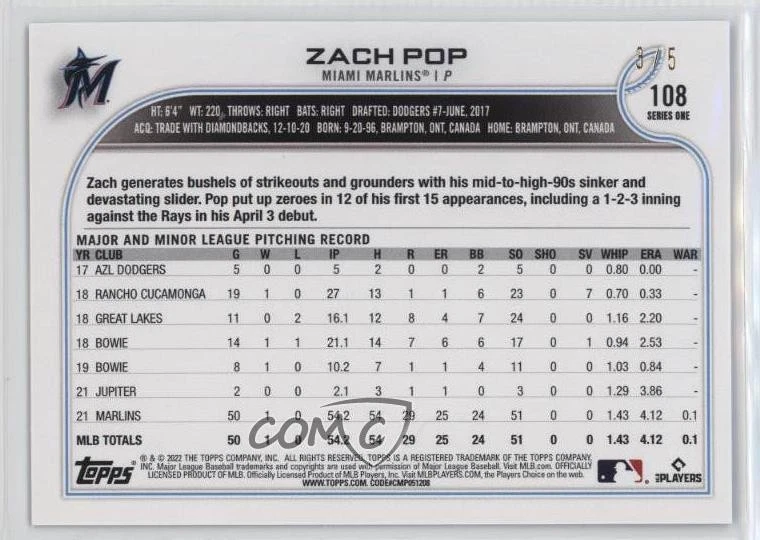 2022 Topps Series 1 1st Edition Light Blue /5 Zach Pop #108 Rookie RC - Image 2 of 2