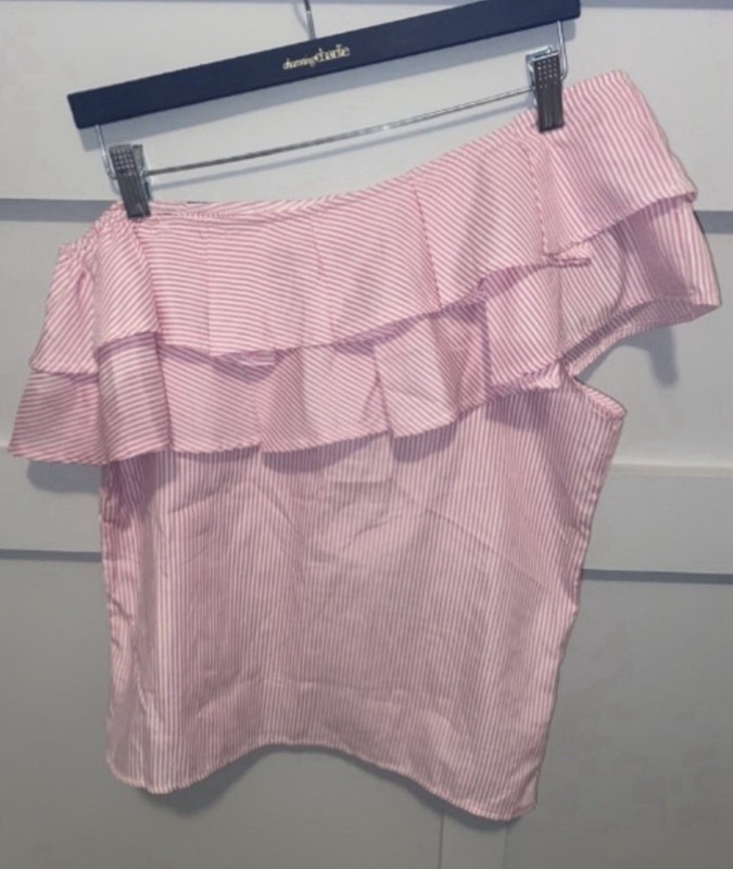 Zara Pink White Stripe One Shoulder Ruffle Blouse Women Medium