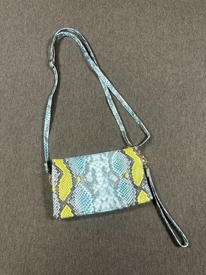 Caroline Hill Bright Blue Green Yellow Snake Print Crossbody Clutch Purse