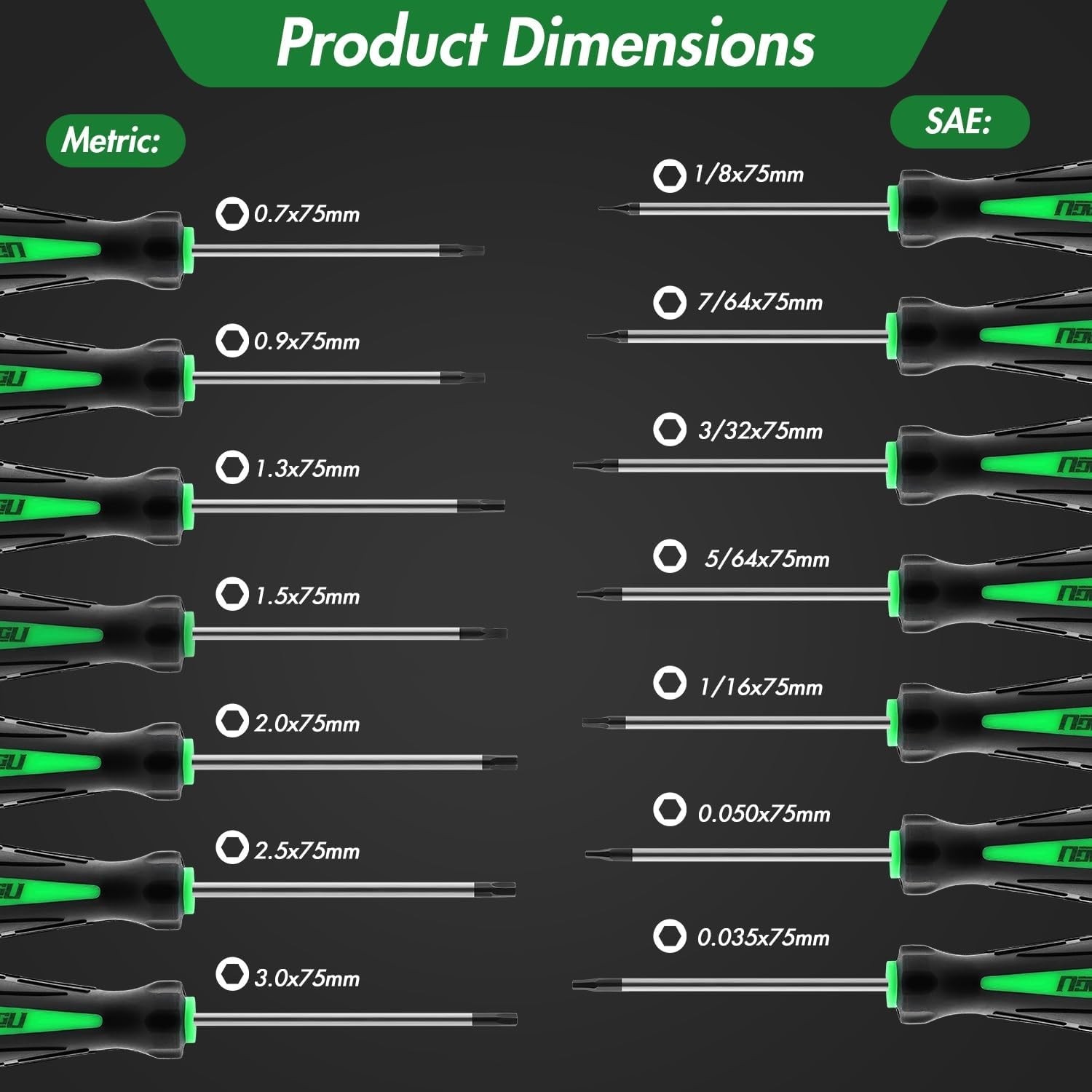 14pcs Mini Hex Screwdriver Set, Metric(0.9mm-3mm) Metric and SAE, Green 
