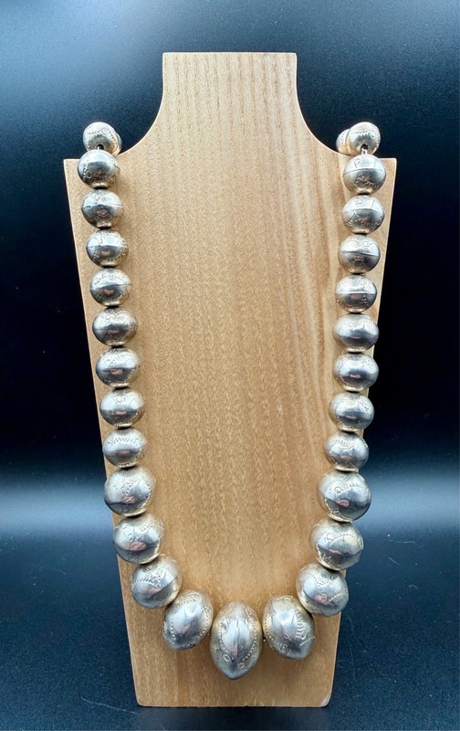 Vintage Sterling Silver Native American Style Bench Bead Necklace 24in