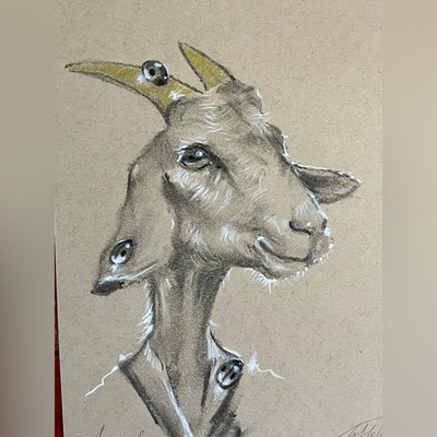 The Goat Original painting Unique Art Charcoal Pastel farm animal surrealism EAE