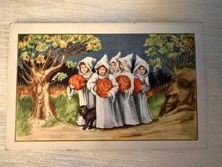 Antique Postcard Halloween Ghost Children Black Cat Jack o Lanterns