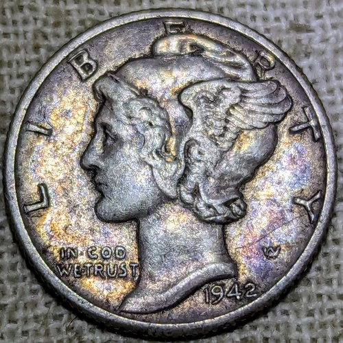 1942 D Mercury Dime AU : Rainbow Tone, Almost Uncirculated - .9 Fine Silver
