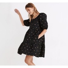Madewell Quilted Puff-Sleeve Mini Dress in Black Amie Floral (small)