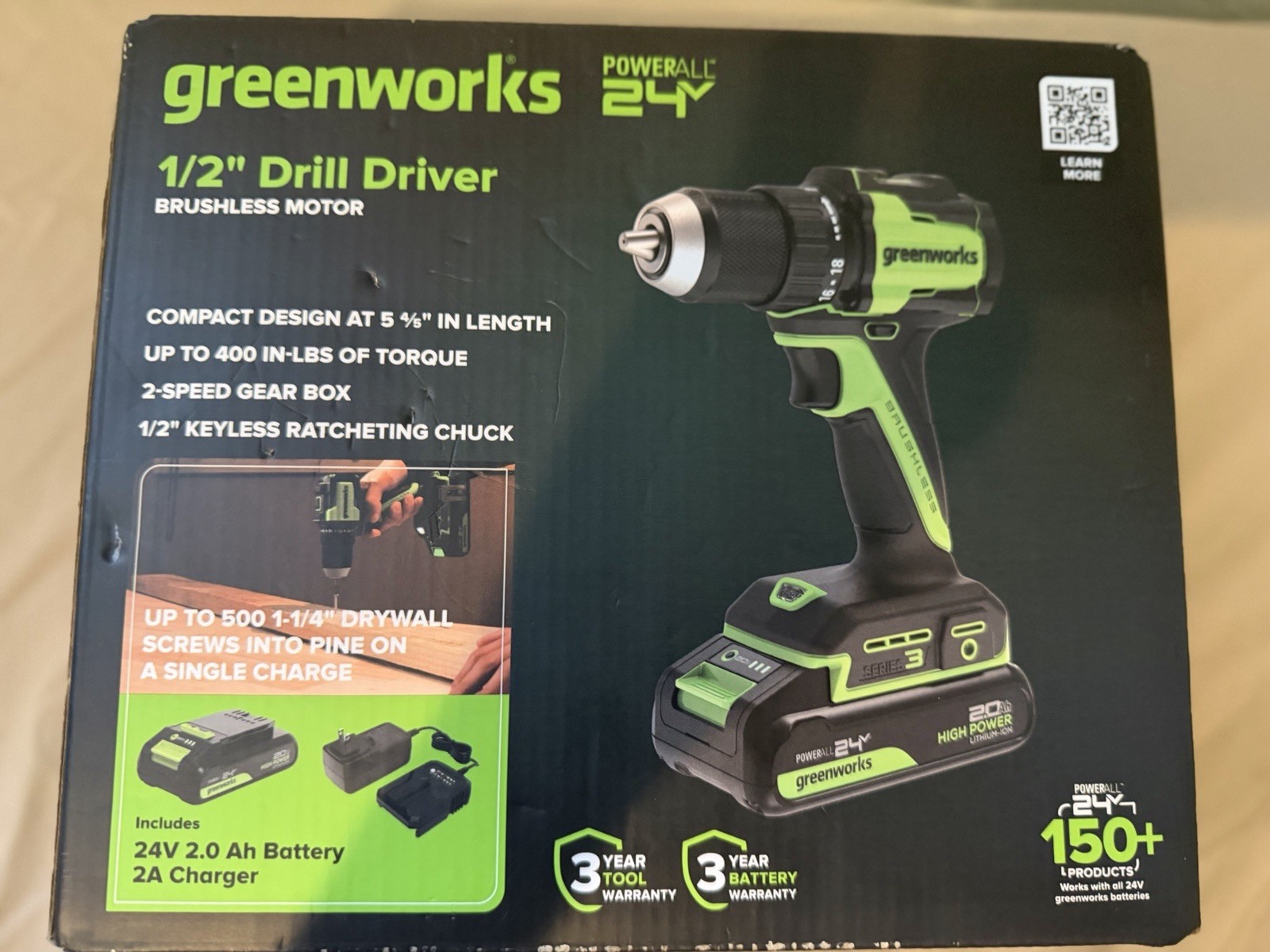 GreenWorks PowerAll 24V Brushless Drill Driver w/ 2.0Ah Battery & Charger-Sealed
