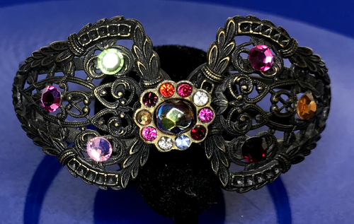 Vintage 1928 Large Colorful Rhinestone Hinged Bracelet Bronze Tone - Picture 6 of 8