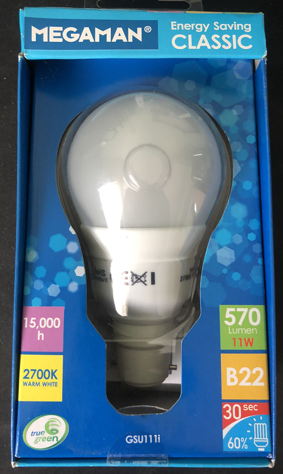 MEGAMAN 11W B22 2700K WARM WHITE ENERGY SAVING CLASSIC BULB 570 LUMENS 15000H