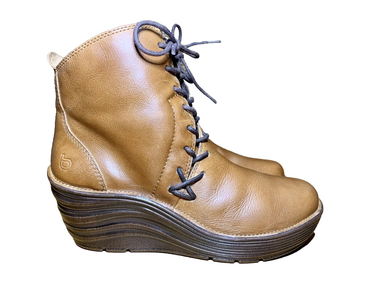BIONICA Women's 8M Corset Wedge Boots Tan Leather Brown Zip