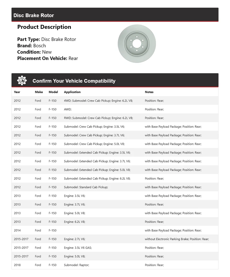 For 2012-2018 Ford F-150 Bosch QuietCast Disc Brake Rotor Rear 2013 2014 2015 - Image 2 of 4