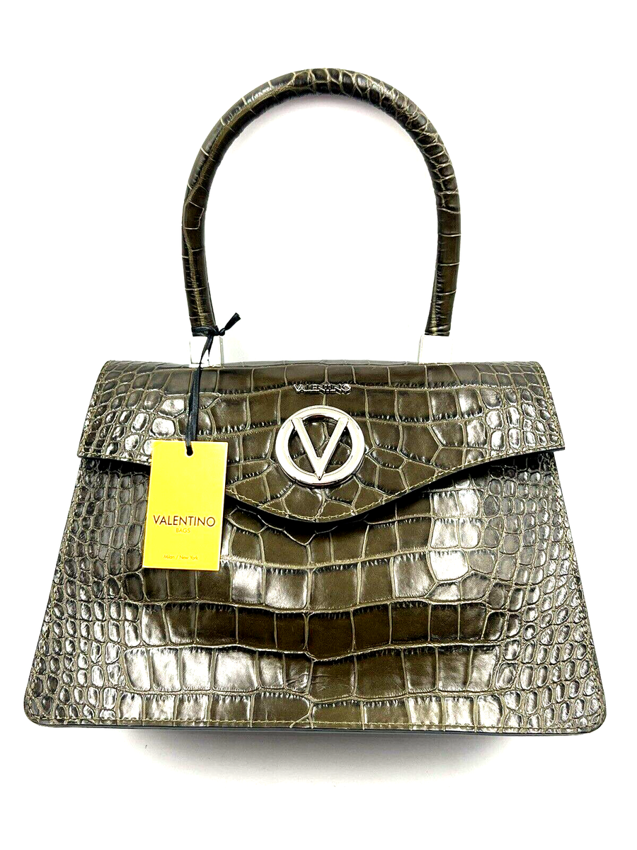 ポメロメコ Mario Valentino Melanie Croc Embossed Genuine Olive Green Leather