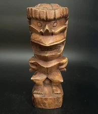 Hand Carved Solid Wood Tiki Statue 6.5 inches Open Mouth Polynesian Decor