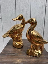 Set Of 2 VTG 1979 JARU Pottery Shiny Gold Ceramic Duck Statues Figurines