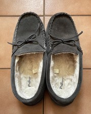 My Pillow Men's Size 11 Grey Leather Moccasin Faux Fur Lined Slipper Shoe HTF