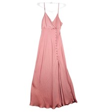 ZARA Rose Pink Satin Maxi Dress Surplice V-Neck Side Slit Gown Adjustable Straps