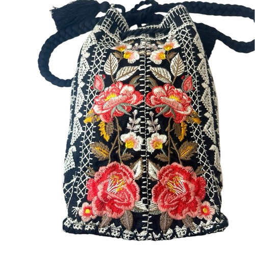 Johnny Was Los Angeles schwarz Leinen bestickt Blumen Kordelzug Eimer Handtasche - Bild 4 von 21