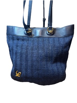 LOEWE Woven Navy Blue Tonal Striped Raffia Shoulder Bag Beach Bag Auth Vacay