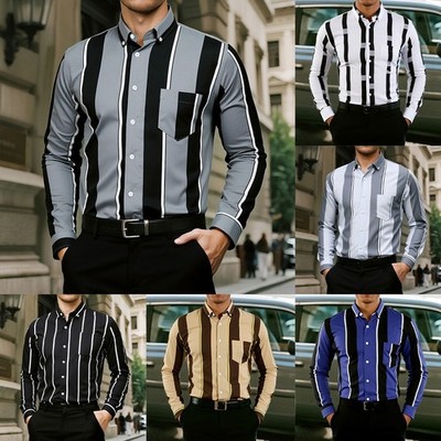 Herren Tailored Look Gestreiftes Oberhemd Langarm Reverskragen Regular Fit