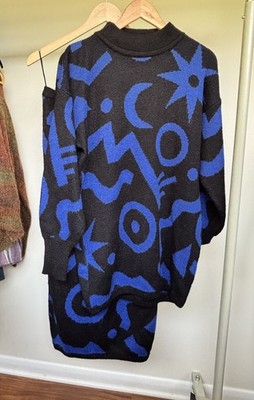 Vintage MeXX Emanuelle Black Blue Abstract Knit Sweater Skirt Set Womens M 80/90