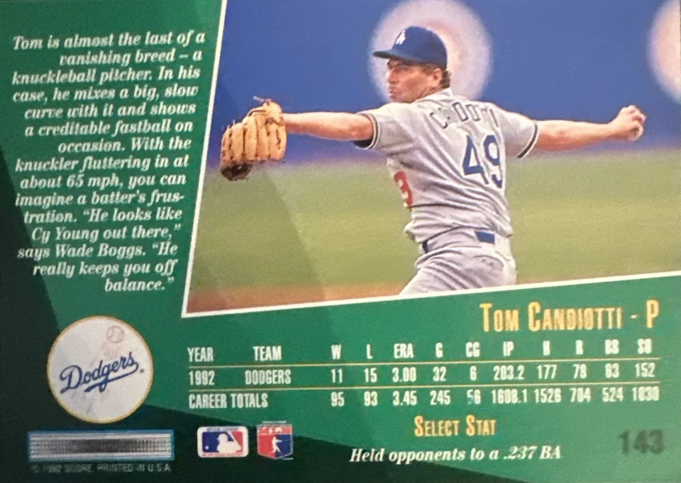 Бейсбольная карточка 1992 SCORE SELECT TOM CANDIOTTI NO143 LA Dodgers MLB - Изображение 4 из 4
