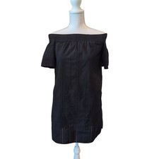 AllSaints Off-The-Shoulder Eyelet Mini Dress Shift Pockets Black Small Boho LBD