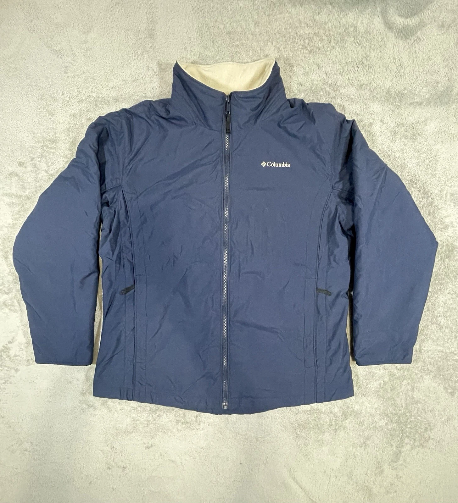 Columbia Men's Navy Blue Beige Fleece Jacket Stand-Up Collar Zipper Pockets L