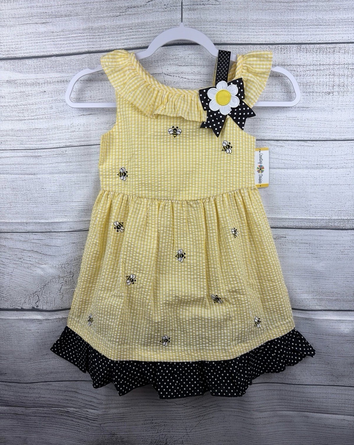 Counting Daisies Girls Knee Length Bee Daisy Gingham Sundress Strappy Size 6