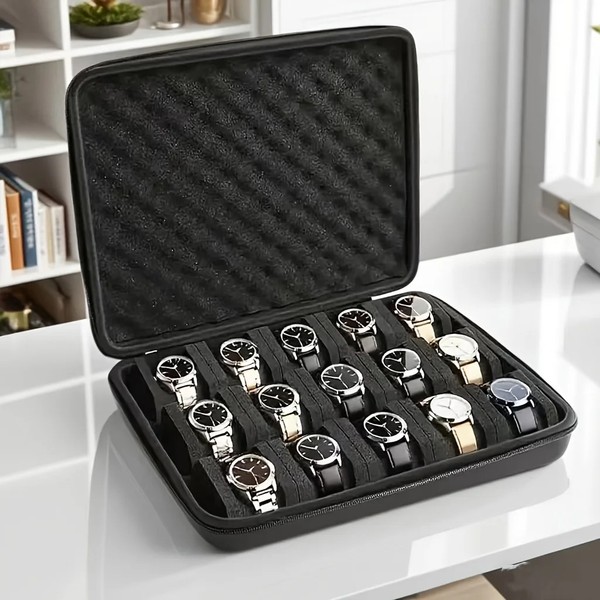 Caja de almacenamiento de reloj avanzada caja de 15 ranuras caja de almacenamiento de joyas portátil