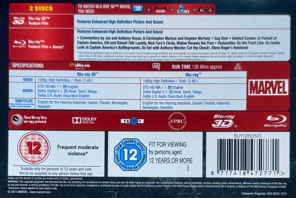 CAPTAIN AMERICA THE WINTER SOLDIER (UK) LENTICULAR 3D + BLU RAY STEELBOOK (READ) - Image 4 of 4