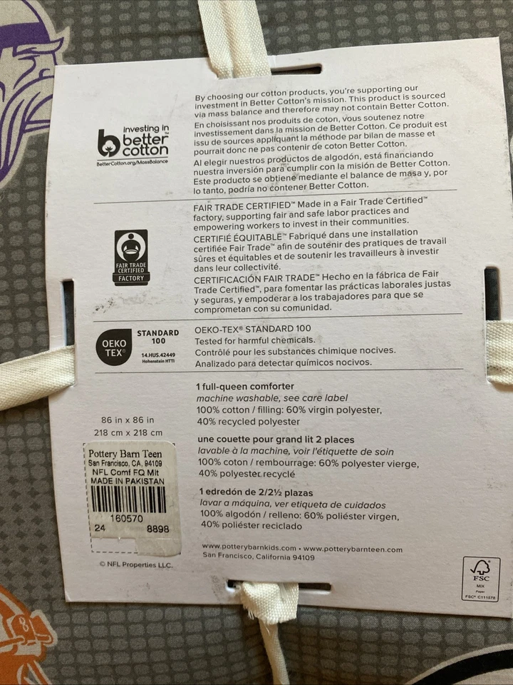 Edredón Pottery Barn Teen NFL Logo Brillante F/Q, con 2 Fundas Std, Nuevo con Etiquetas Foto 4 de 4
