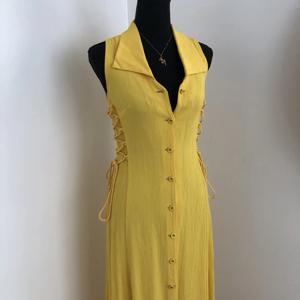 Vintage 90s Y2K Yellow Button Shirt Dress XXS/ 0  Cottagecore Foto 2 de 4