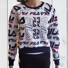 NWT FILA AUTHENTIC SELFIE WOMEN'S WHITE NAVY CREW NECK LONG SLEEVE SWEATSHIRT