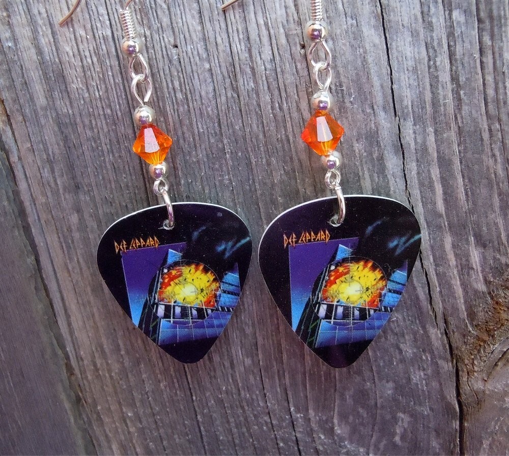 Def Leppard Pyromania Guitar Pick Earrings with Fire Opal