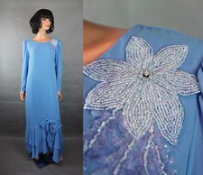 80s Cocktail Gown Sz M Vintage Blue Beaded Long Sheer Sleeve Mermaid Prom Dress