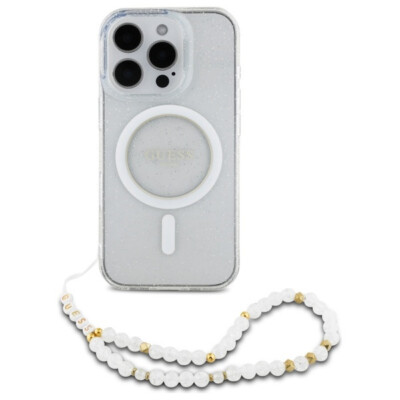 Guess iPhone 16 Pro Max Hülle Case Cover MagSafe IML Glitter With Pearl Strap