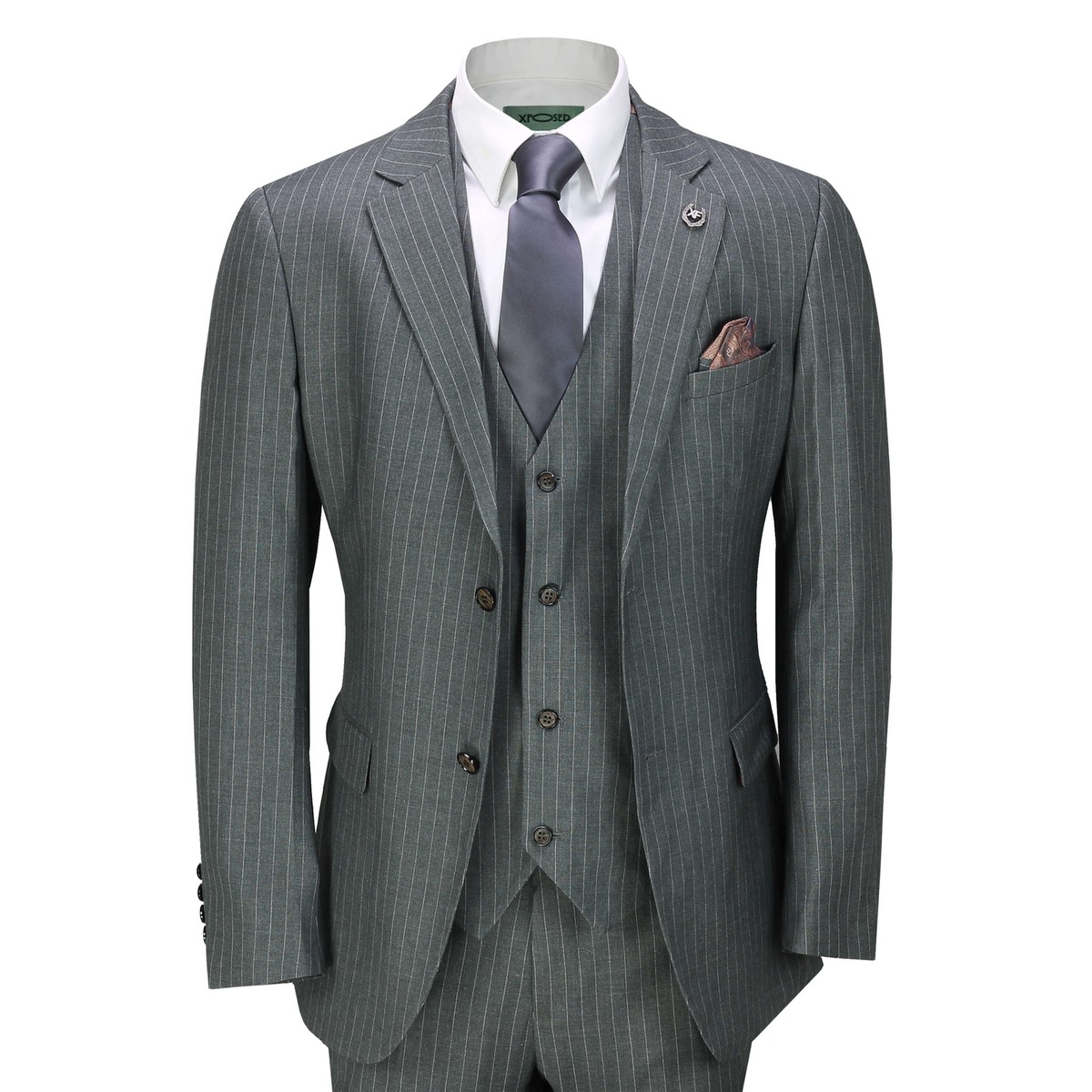 5点セット Vintage 3ピース スーツ セットアップ グレー ピンズ Mens Classic 3 Piece Pin Stripe Grey Suit Retro 1920s Smart