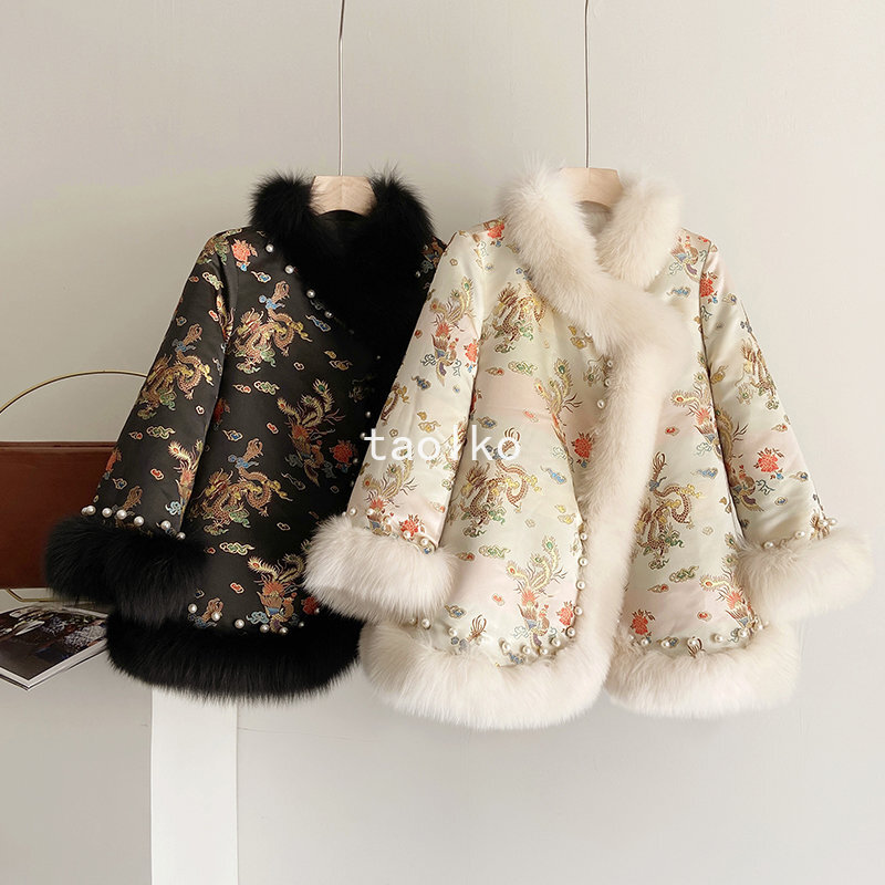 Chinese Style Women Faux Fur Collar Coat Embroidery Cotton Chinese Style Women Faux Fur Collar Coat Embroidery Cotton