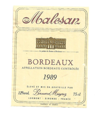 Weinetikett - Malesan - Bernard Magrez in Lormont - 1989