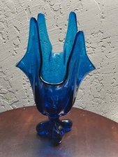 MCM Viking Bluenique Art Glass Vase 4 Petals 1960s 12”